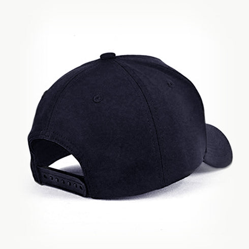 Black 5 Panel Cap, showing adjustable plastic snap closure at the back